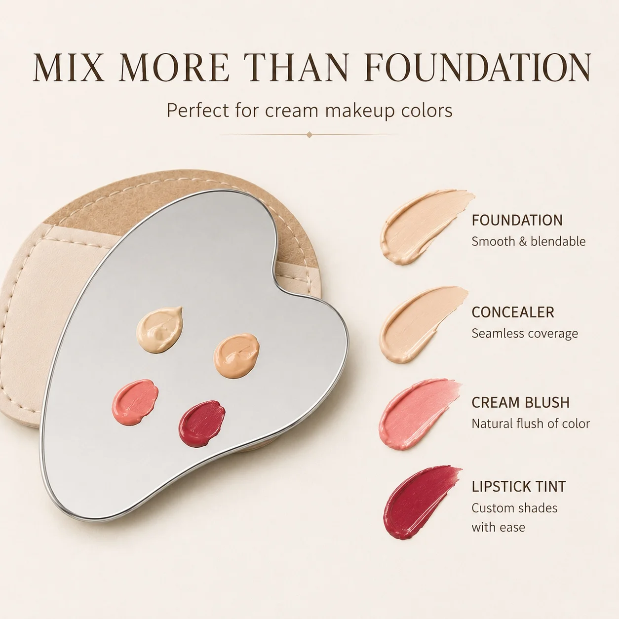 Beauty Makeup Palette - พาเลตผสมเครื่องสำอางสแตนเลสทรงหัวใจพร้อมปลอกหนัง อุปกรณ์ผสมรองพื้นและคอนซีลเลอร์สำหรับความงาม
